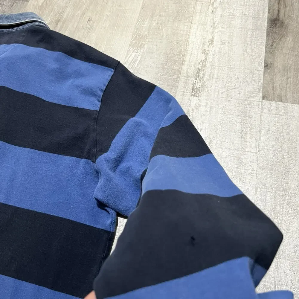 VTG Orvis Denim Collar Blue Striped Long Sleeve Polo Shirt Y2K Rugby Men's XL